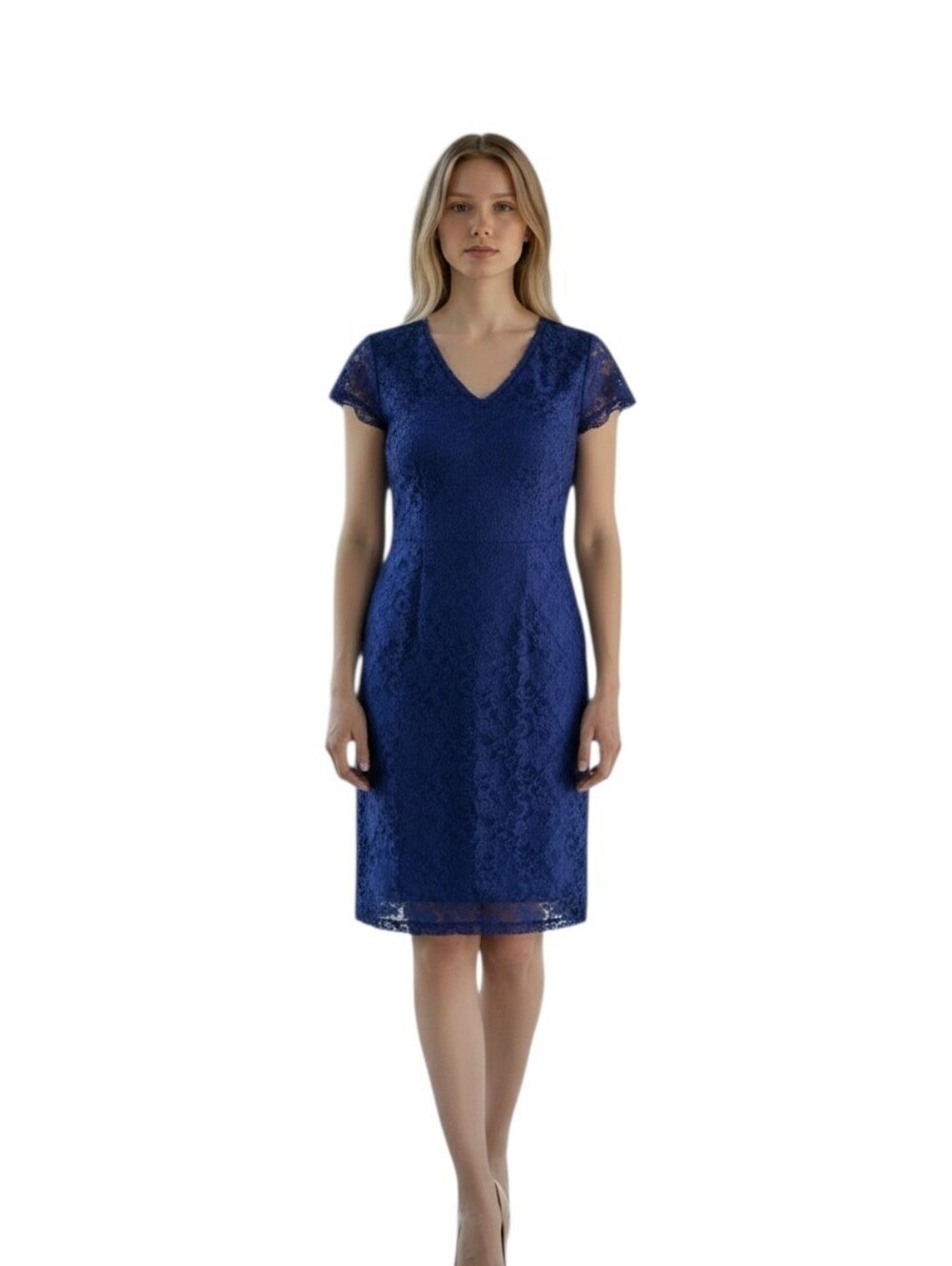 Blue lace dress sheer liner cap sleeves